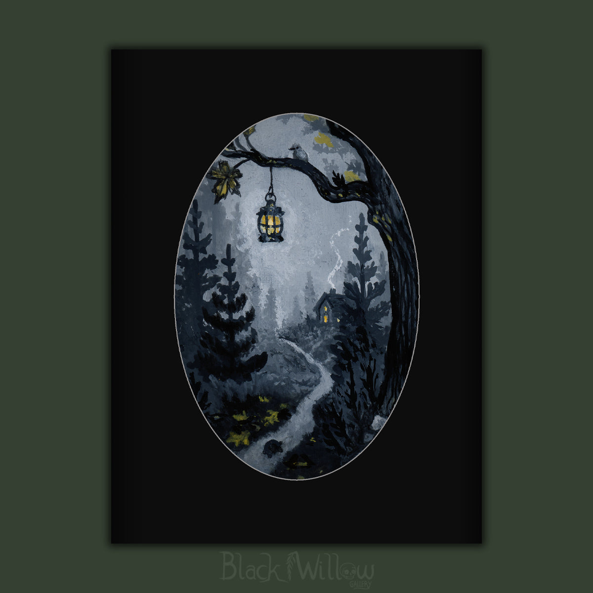 A square art print featuring a dark, moody forest scene in an oval composition. The artwork shows a winding path through pine trees under a pale moonlit sky, with a hanging lantern glowing yellow and a small house in the distance.