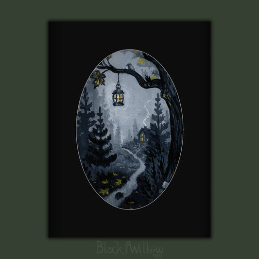 A square art print featuring a dark, moody forest scene in an oval composition. The artwork shows a winding path through pine trees under a pale moonlit sky, with a hanging lantern glowing yellow and a small house in the distance.