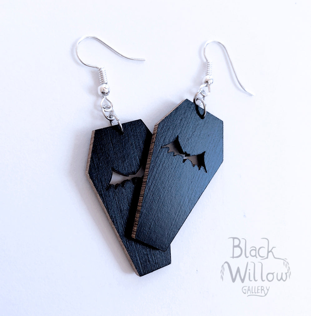 Coffin Bat Wooden Earrings